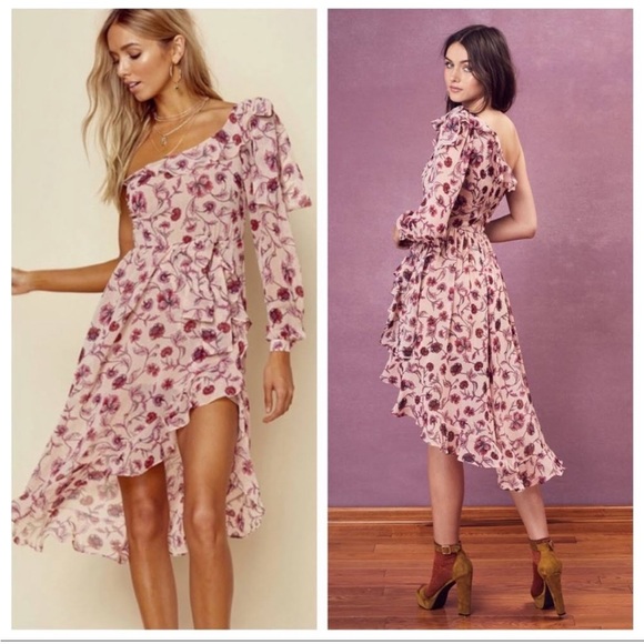 For Love & Lemons Agnes Pink Floral One Shoulder Asymmetrical Dress - Picture 4 of 5